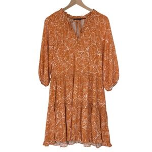 SKIES ARE BLUE Tiered Ruffle Midi Dress Sz M Orange White Floral Peasant Cottage